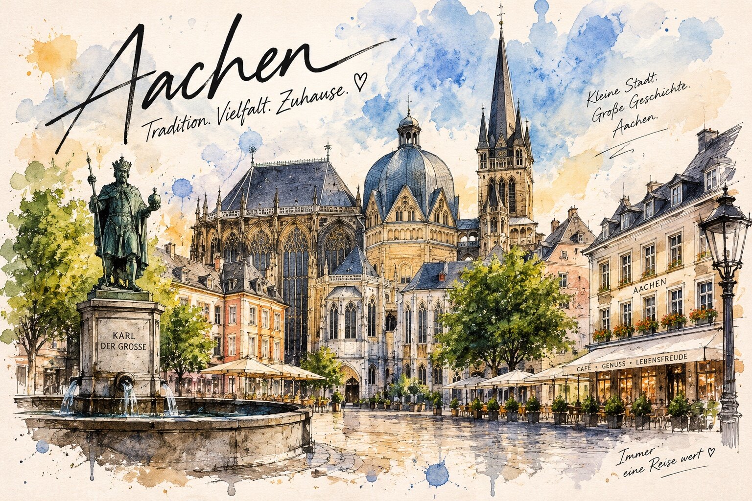 Aachen als Aquarell mit Dom und Karlsbrunnen