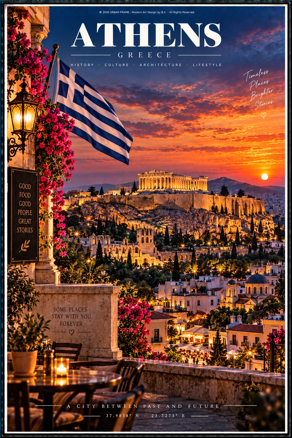 Athen Urban Frame Poster mit Akropolis, Parthenon, griechischer Flagge und Café im Abendlicht