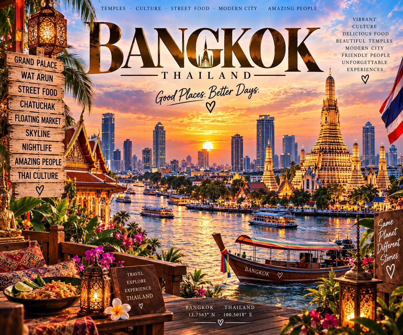 Bangkok mit Wat Arun, Flussbooten und Skyline im goldenen Abendlicht