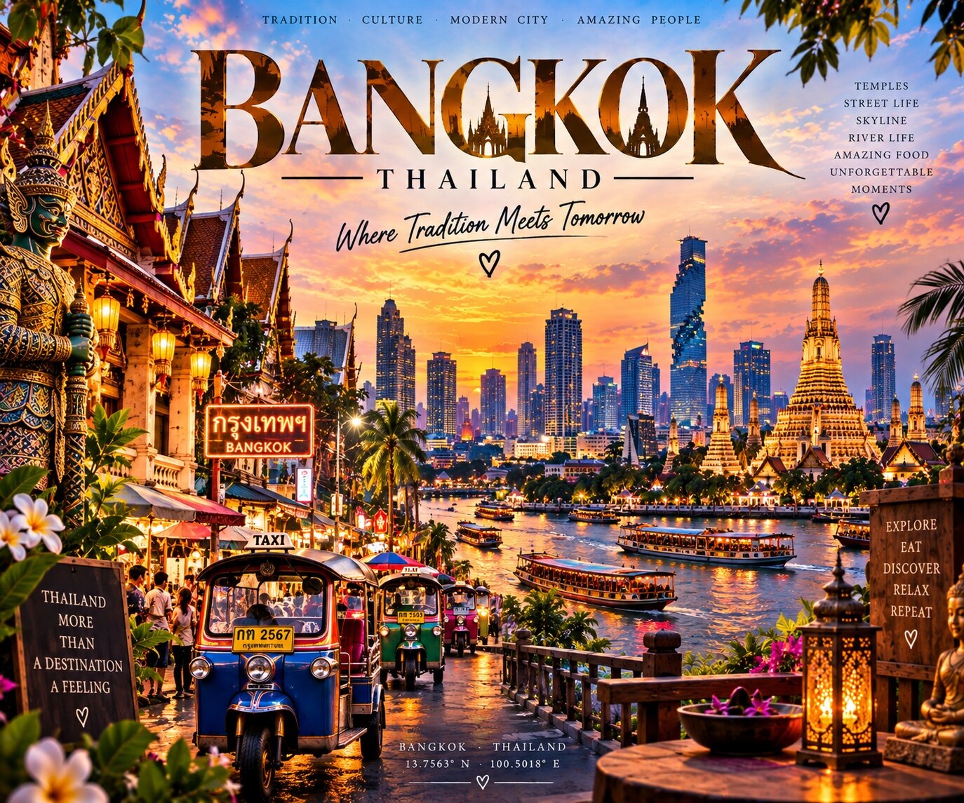 Bangkok mit Tuk-Tuks, Tempeln, Chao-Phraya-Fluss und moderner Skyline