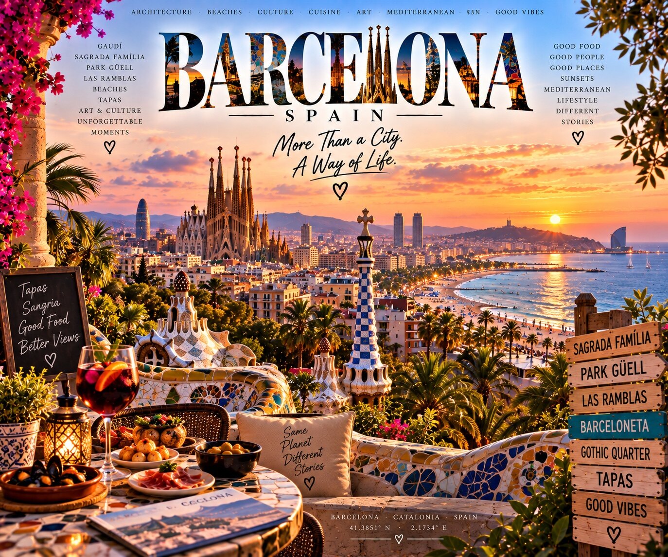 Barcelona mit Sagrada Família, Park Güell und Mittelmeerküste im Abendlicht