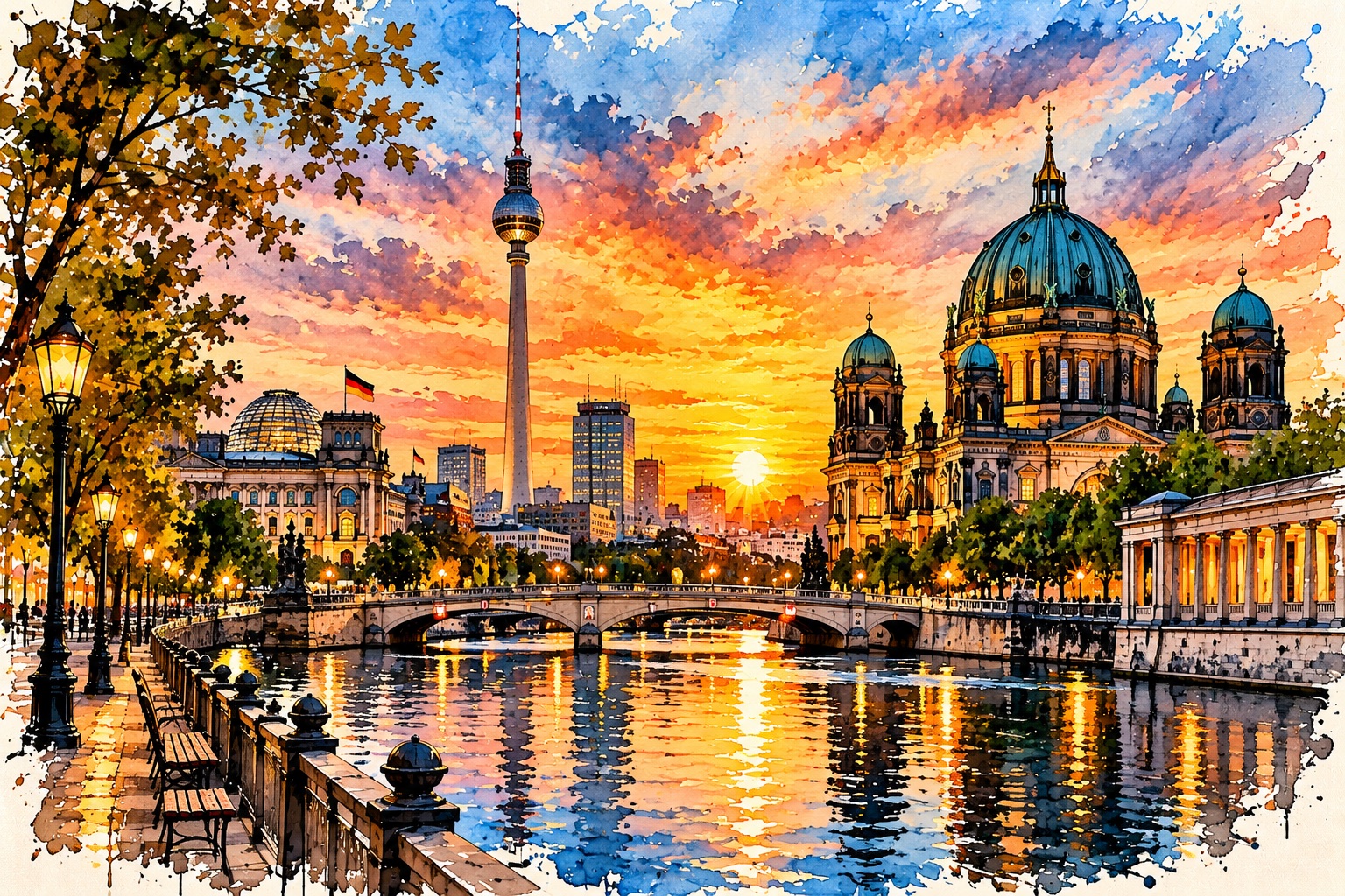 Berlin als Aquarell mit Berliner Dom, Fernsehturm, Reichstag und Spree im Sonnenuntergang