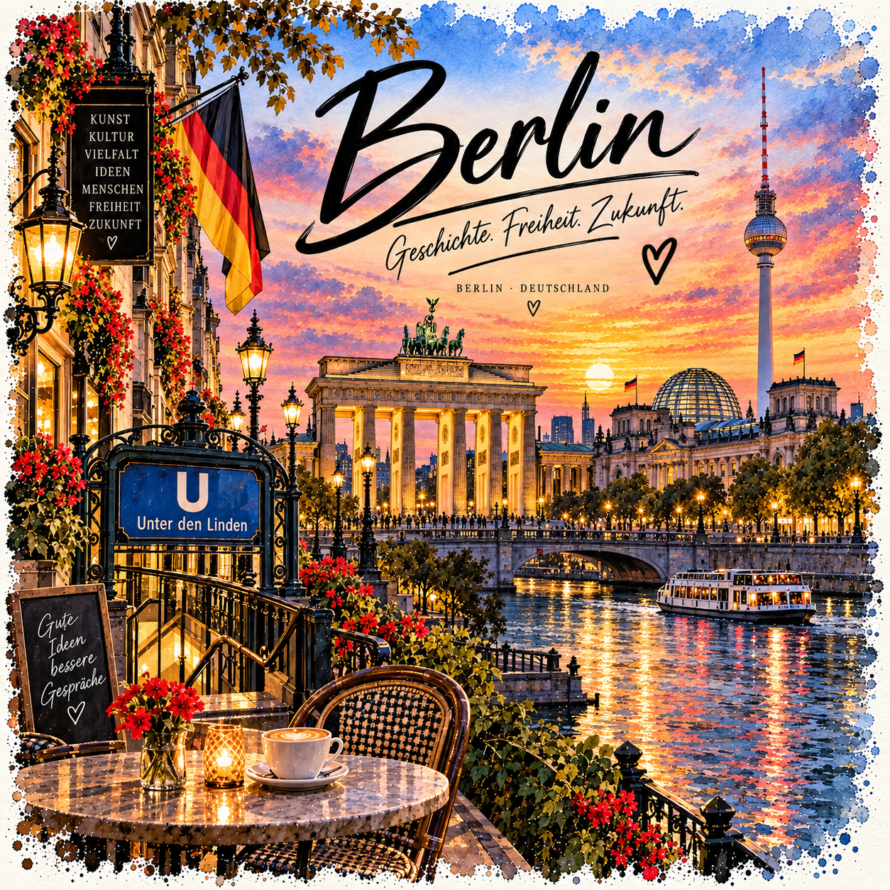 Berlin Aquarell mit Brandenburger Tor, Fernsehturm, Reichstag, Spree und U-Bahnhof Unter den Linden