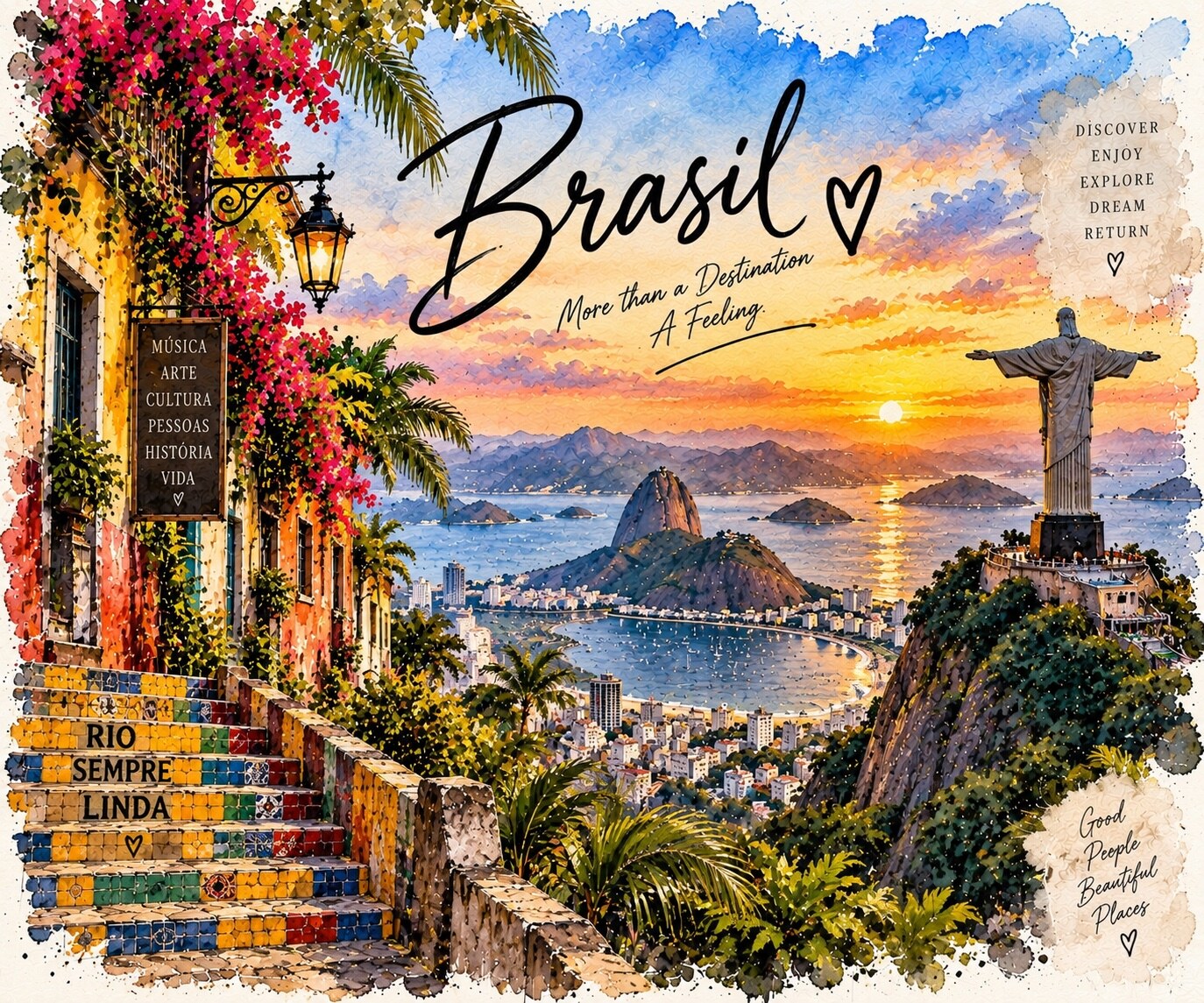 Brasilien Aquarell mit Rio de Janeiro, bunten Treppen, Zuckerhut und Christusstatue