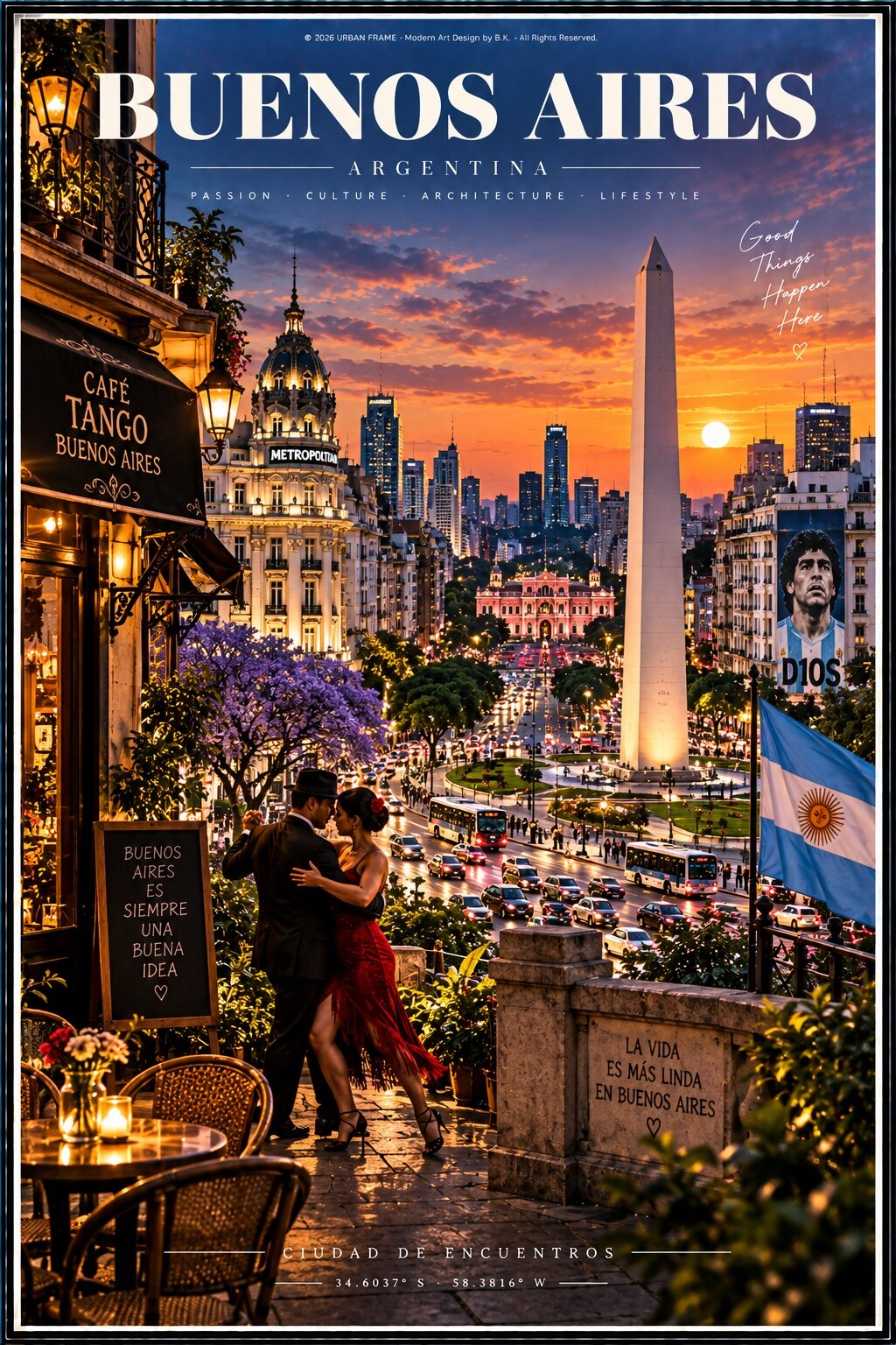 Buenos Aires Urban Frame Poster mit Obelisk, Avenida 9 de Julio, Tango, argentinischer Flagge und Maradona Hommage