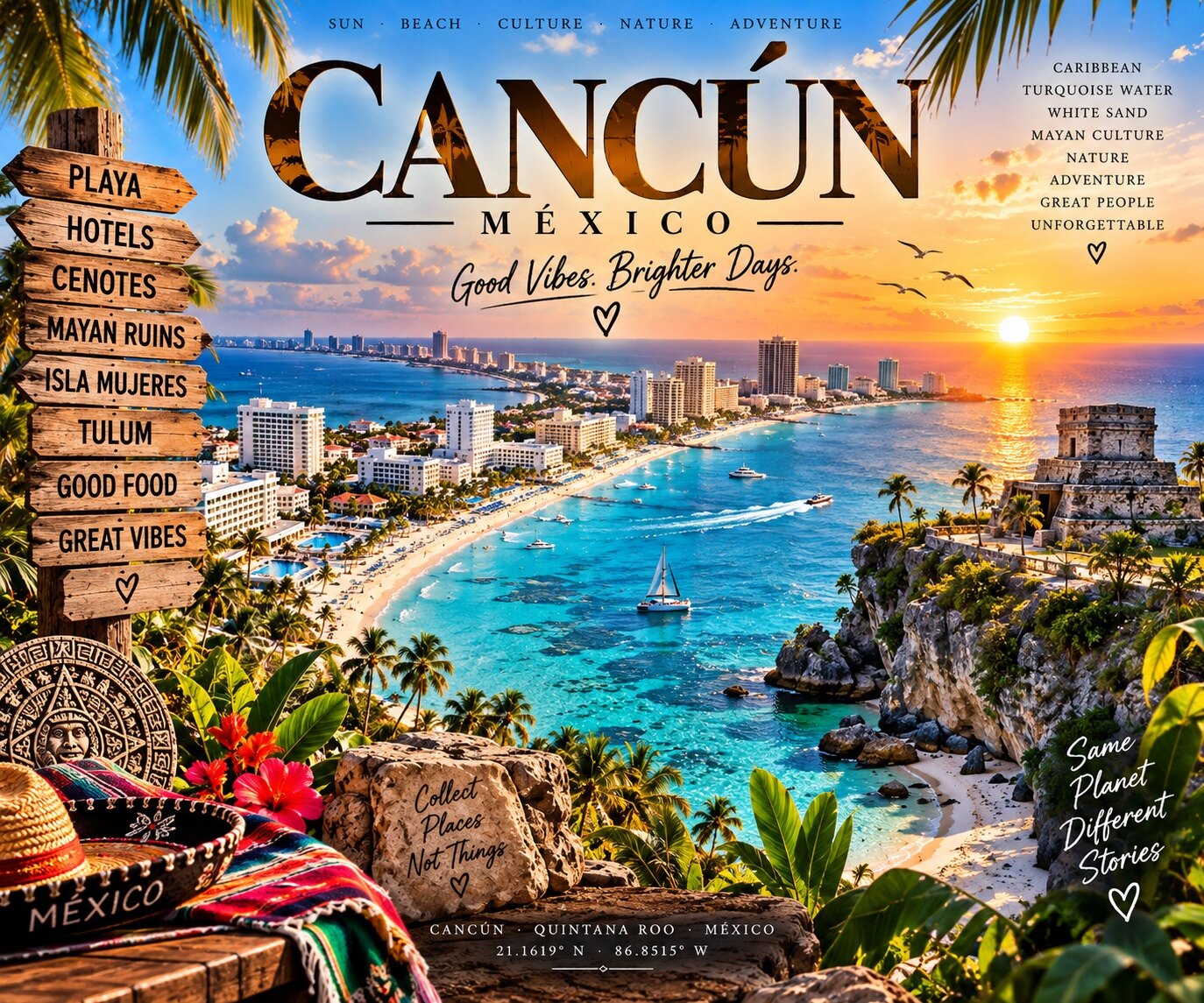 Cancún Kunstdruck mit Karibikküste, Hotelzone, Maya-Ruine und türkisfarbenem Wasser