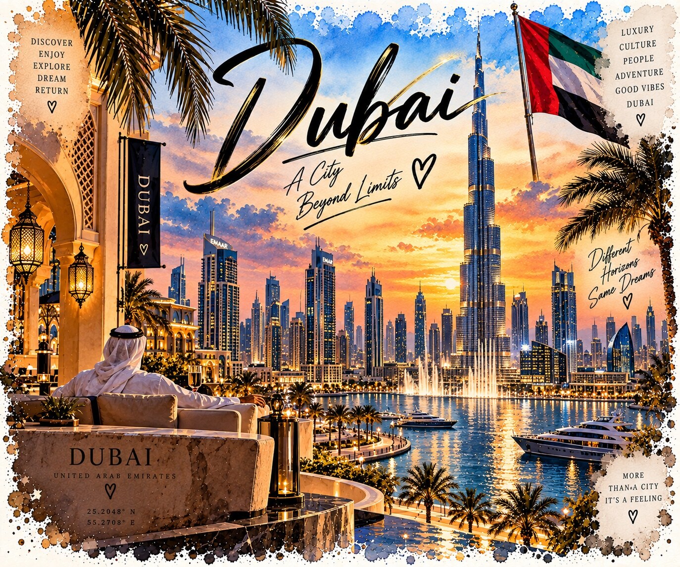 Dubai Aquarell mit Burj Khalifa, Skyline, Yachten und der Flagge der Vereinigten Arabischen Emirate
