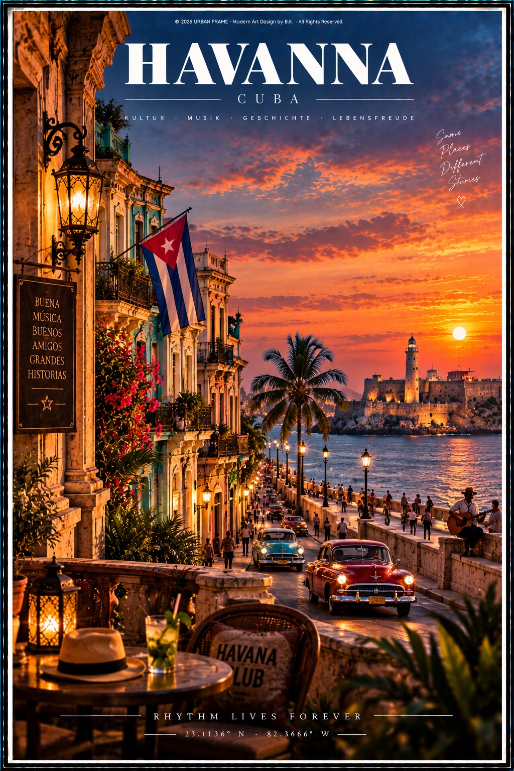 Havanna Urban Frame Poster mit Malecón, kolonialer Altstadt, kubanischer Flagge und Oldtimer im Sonnenuntergang