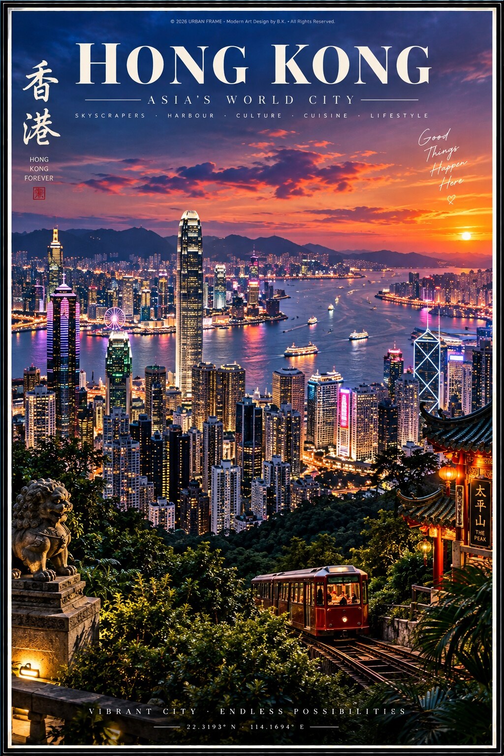 Hongkong Urban Frame Poster mit Victoria Harbour, Skyline, The Peak und Peak Tram im Sonnenuntergang