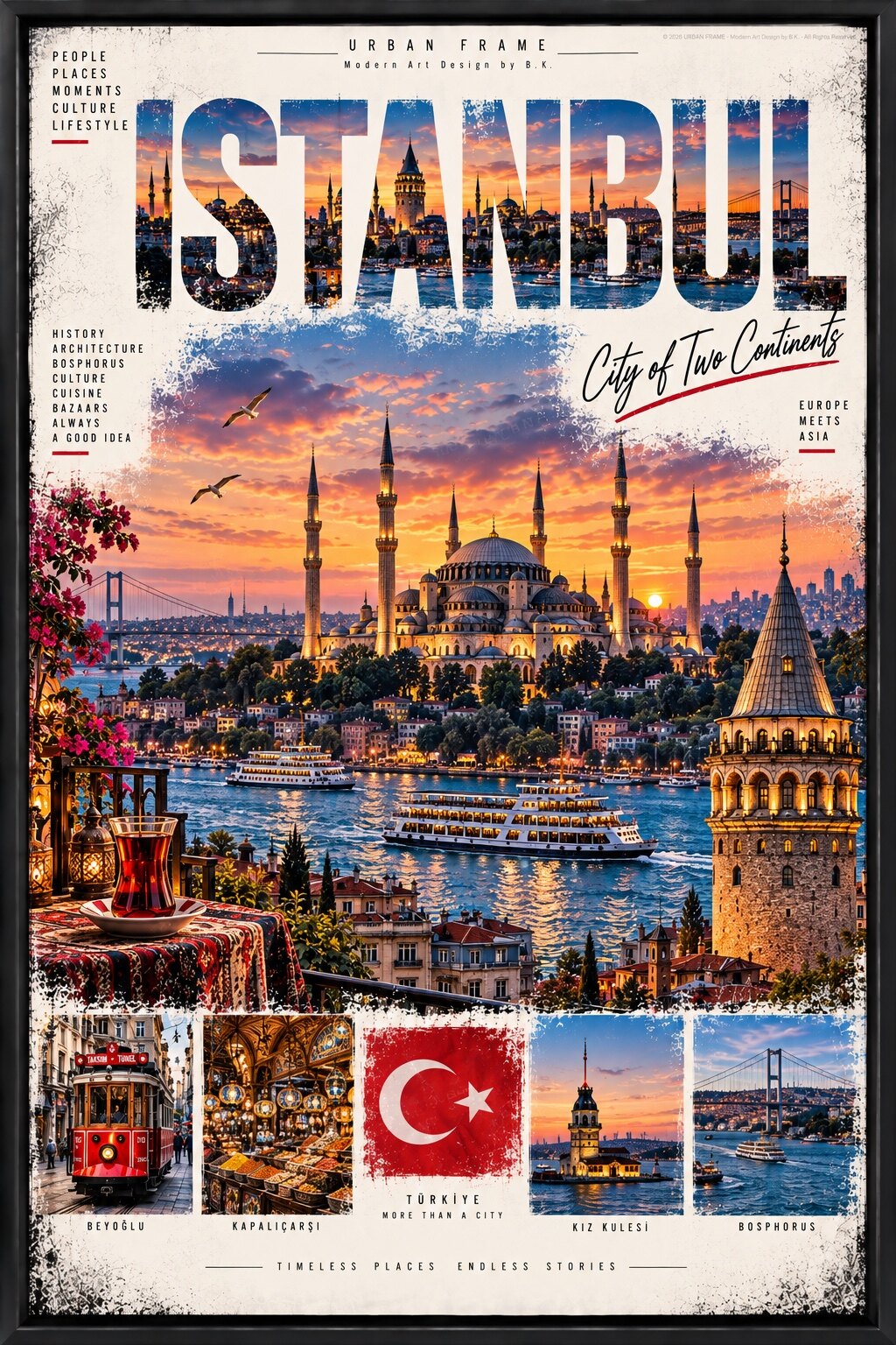 Istanbul Urban Frame Collage mit Bosporus, Galataturm, Moschee, Fähren, Kız Kulesi, türkischer Flagge und City of Two Continents
