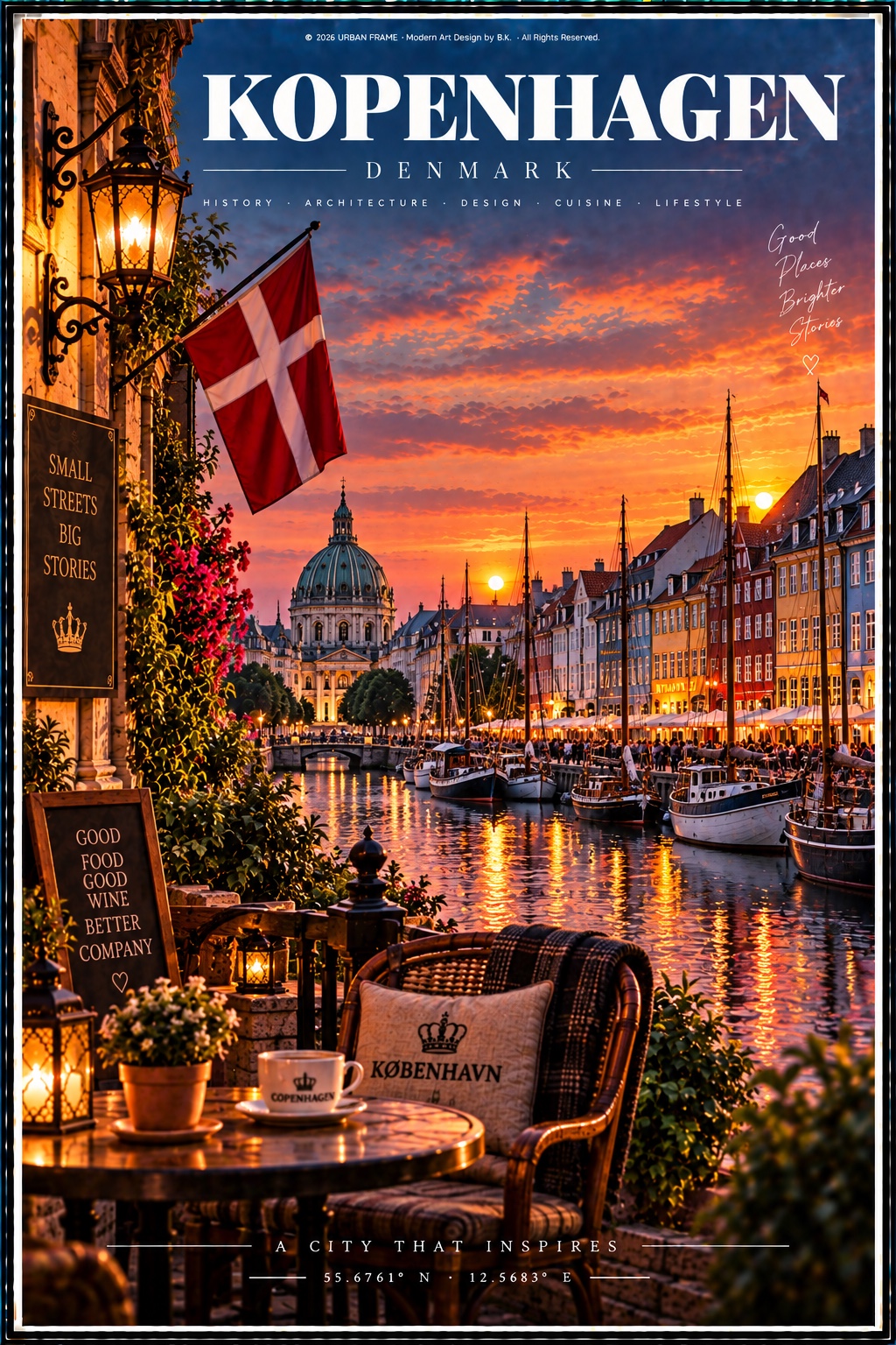 Kopenhagen Urban Frame Poster mit Nyhavn, Kanal, dänischer Flagge und Café im Sonnenuntergang