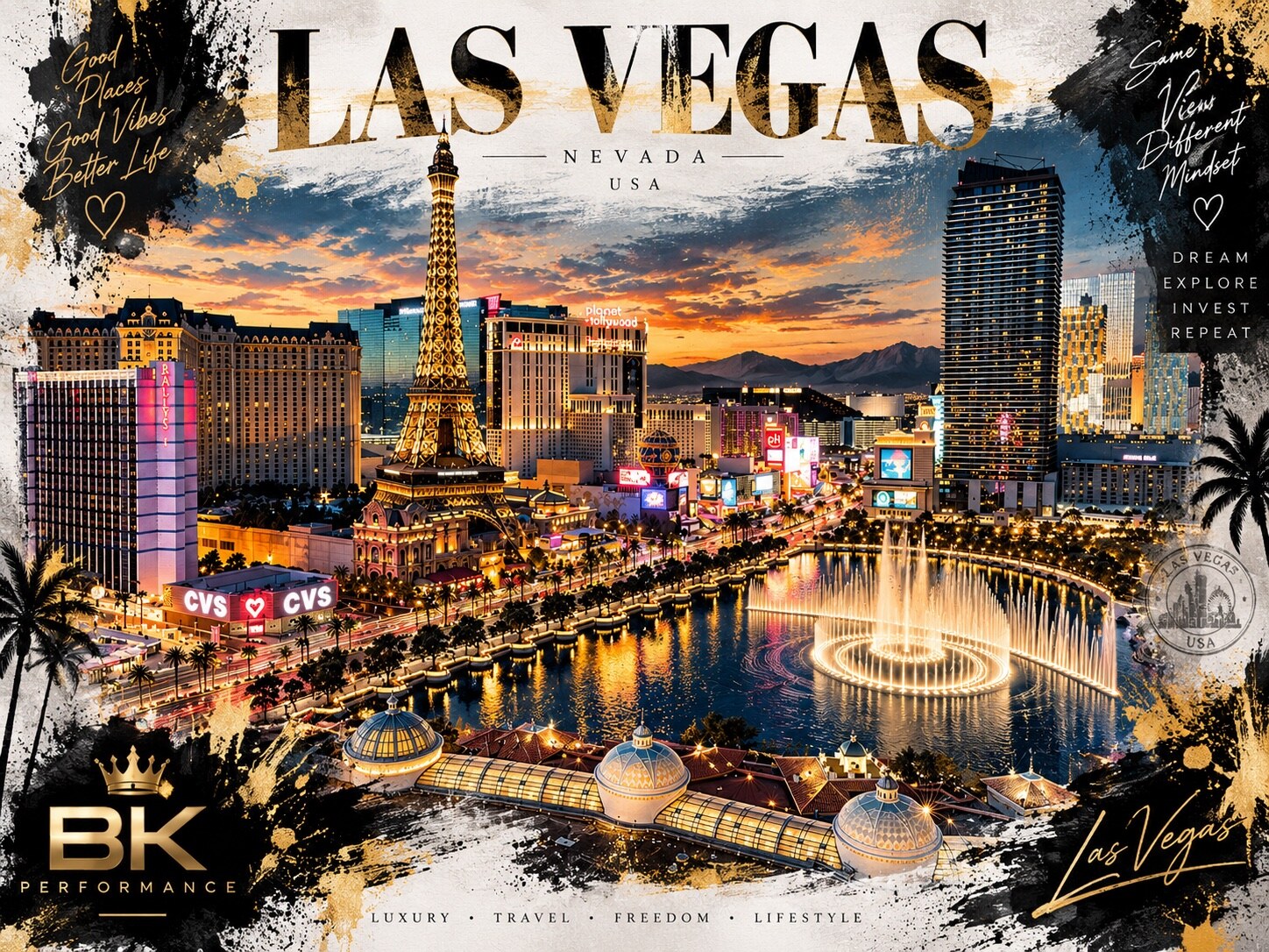 Las Vegas Nevada Collage mit Bellagio-Brunnen, Eiffelturm und BK Performance Design