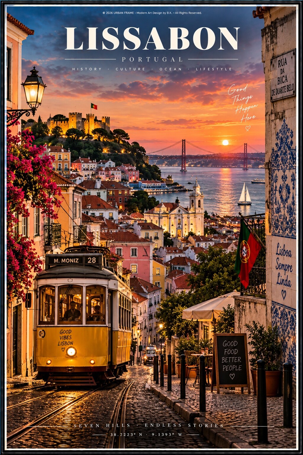 Lissabon Portugal Urban Frame Poster mit Straßenbahn 28, Castelo de São Jorge, Ponte 25 de Abril und Alfama im Abendlicht