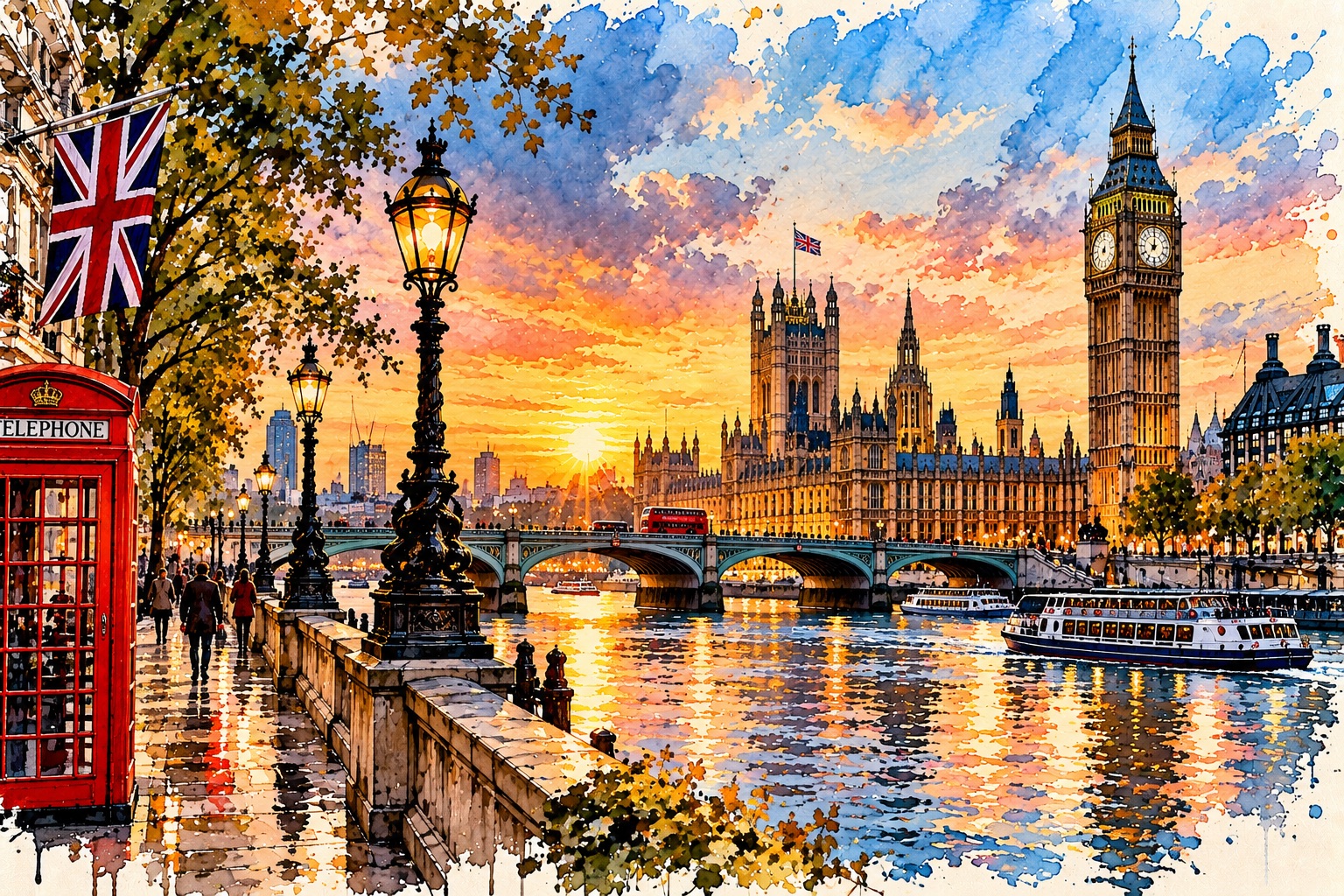 London als Aquarell mit Big Ben, Westminster Bridge, roter Telefonzelle und Themse im Abendlicht