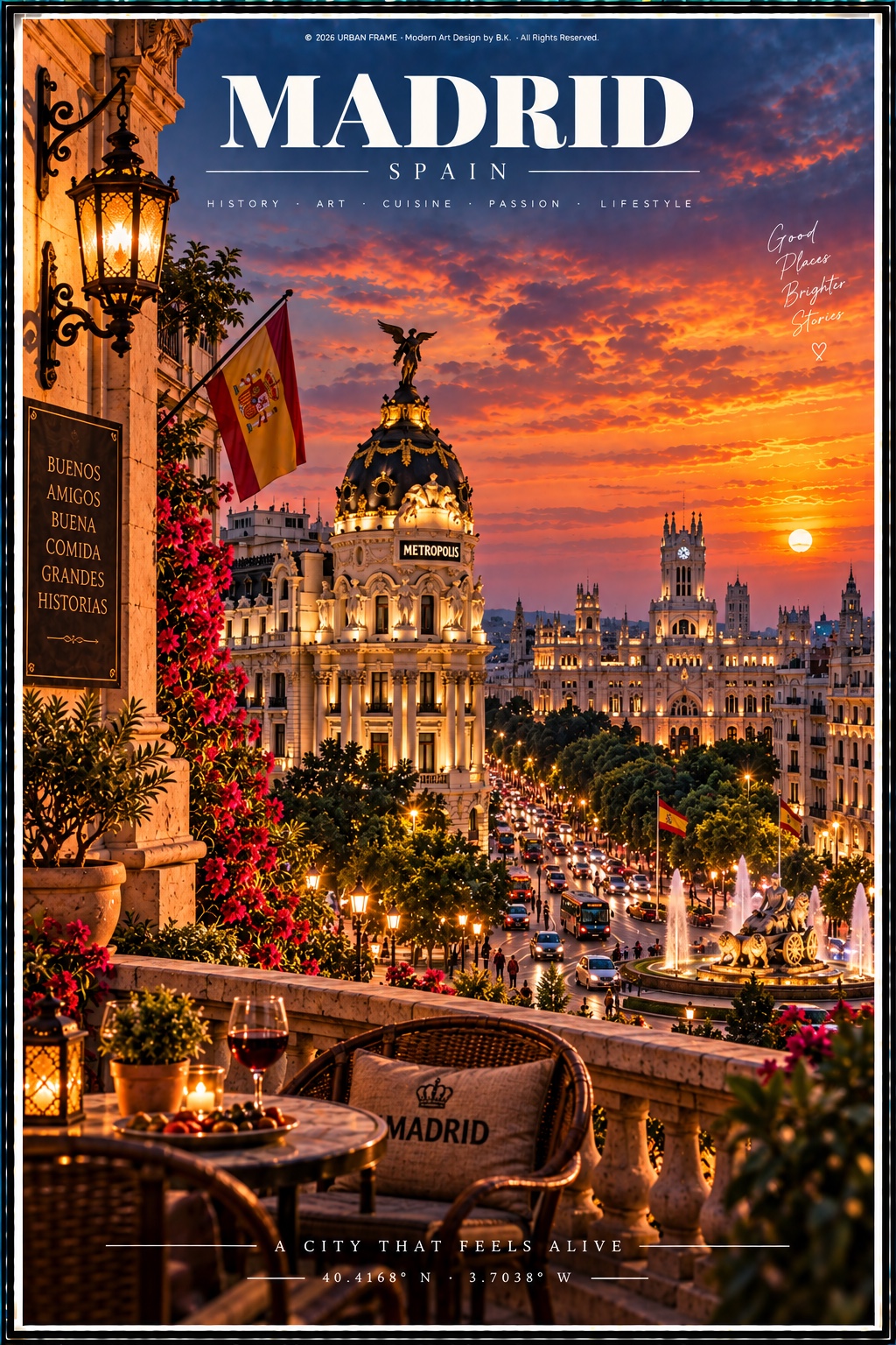 Madrid Urban Frame Poster mit Gran Vía, Metropolis-Gebäude, spanischer Flagge und Café im Abendlicht