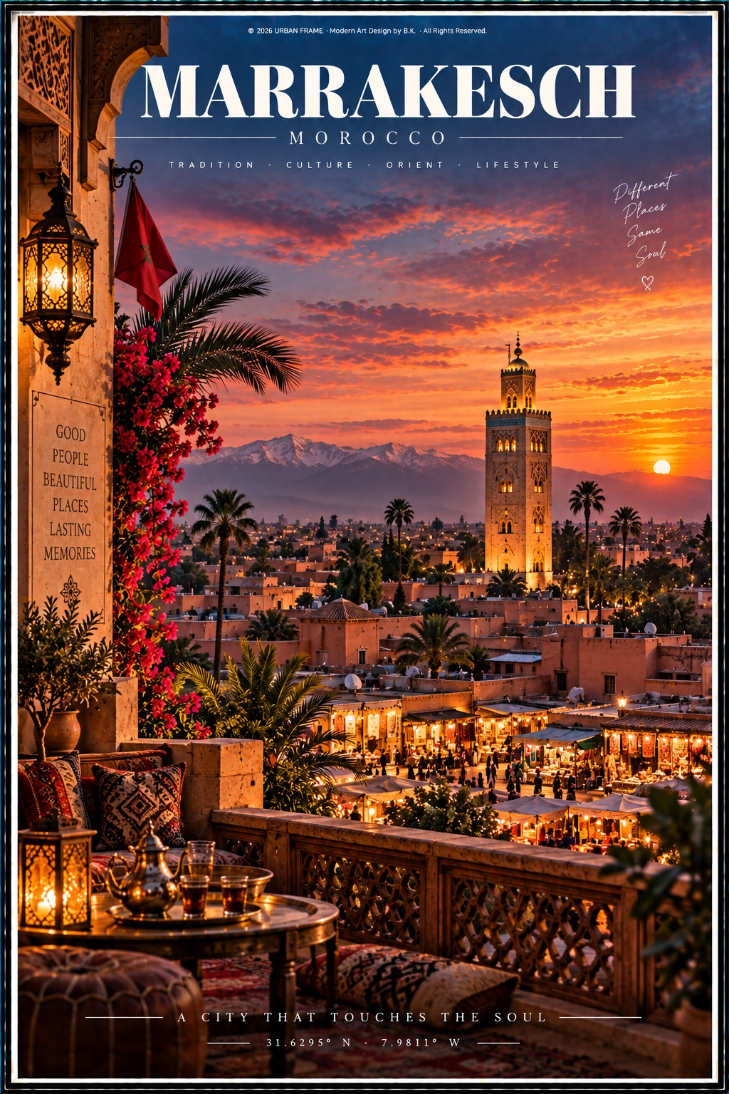 Marrakesch Urban Frame Poster mit Koutoubia-Moschee, Palmen, marokkanischer Flagge und Dachterrasse im Abendlicht