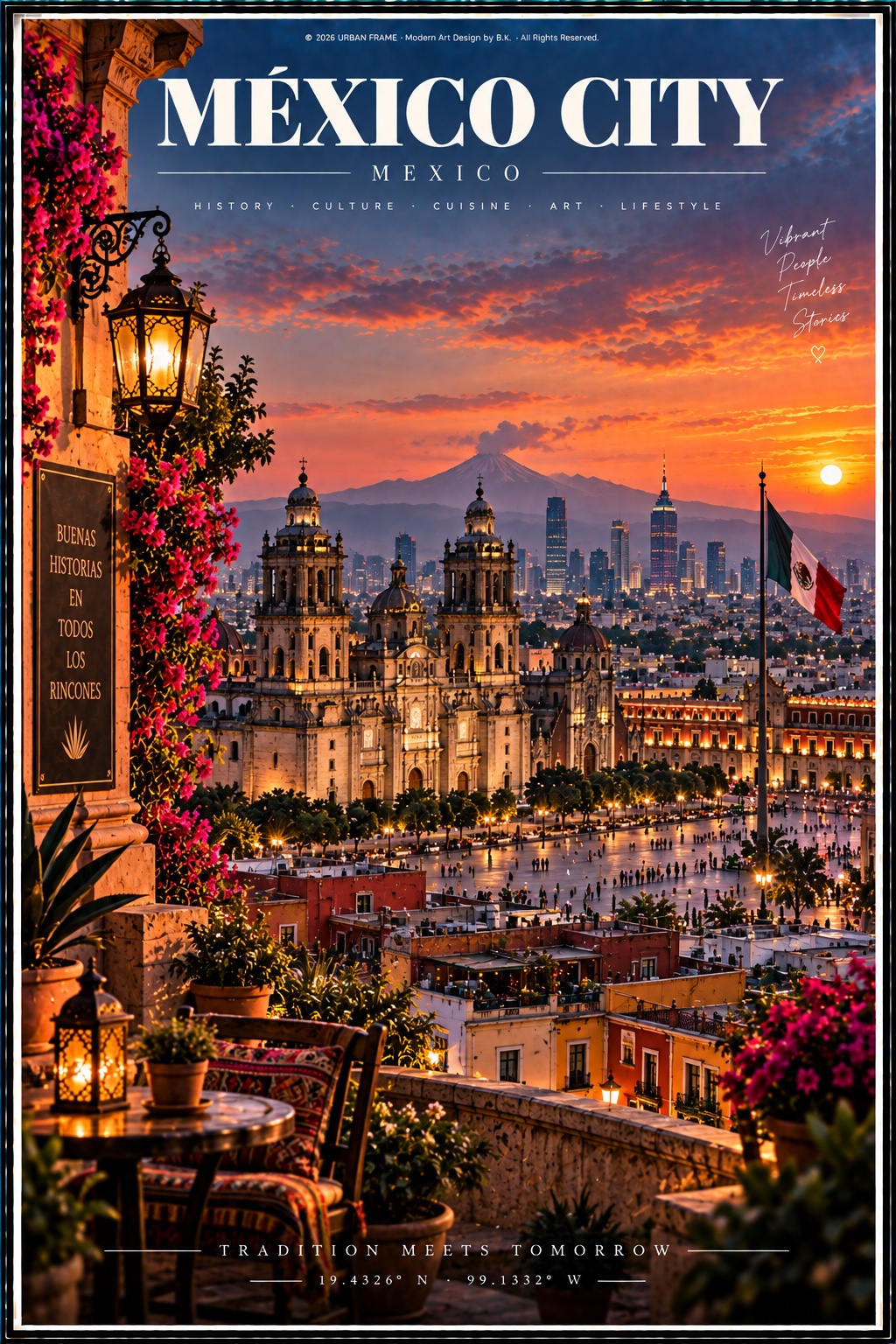 Mexiko-Stadt Urban Frame Poster mit Kathedrale, Zócalo, mexikanischer Flagge und Skyline im Abendlicht