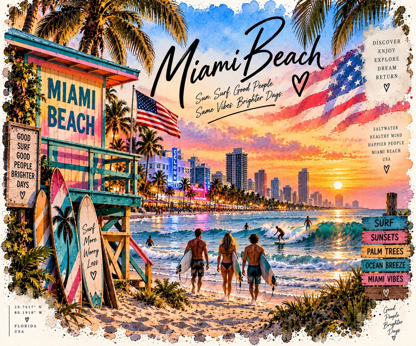 Miami Beach Aquarell mit Strand, Surfern, Rettungsturm und Skyline