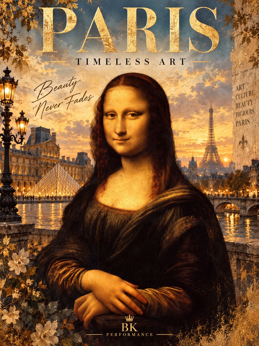Mona Lisa als Paris Timeless Art Motiv mit Louvre, Eiffelturm und BK Performance Design