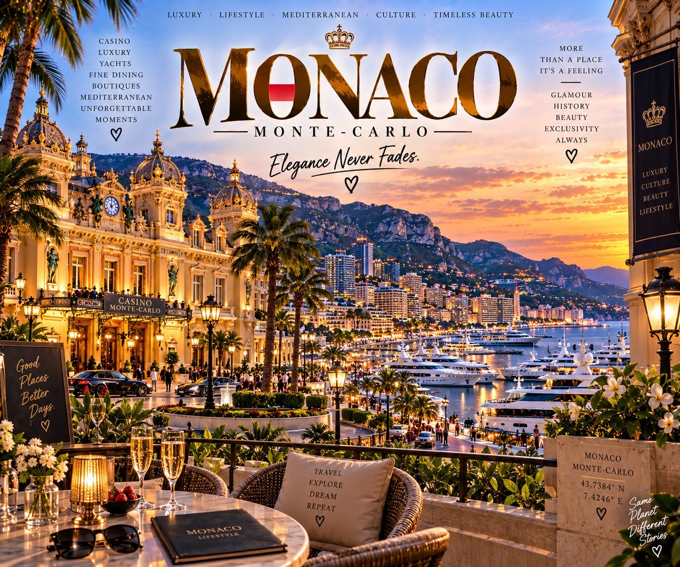 Monaco Monte-Carlo mit Casino, Yachthafen und mediterranem Abendlicht