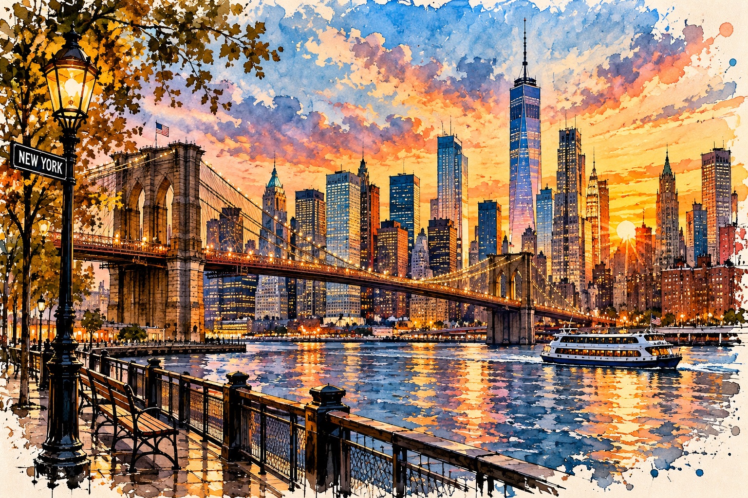 New York als Aquarell mit Brooklyn Bridge, Skyline und Boot im Sonnenuntergang