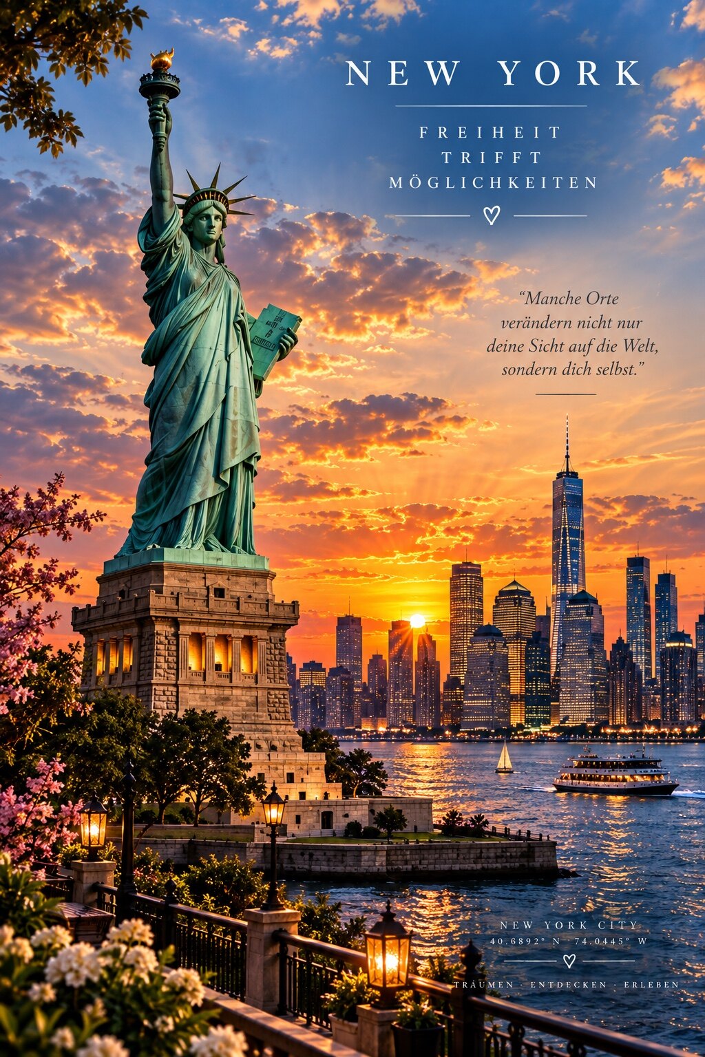 New York mit Freiheitsstatue und Skyline im goldenen Sonnenuntergang