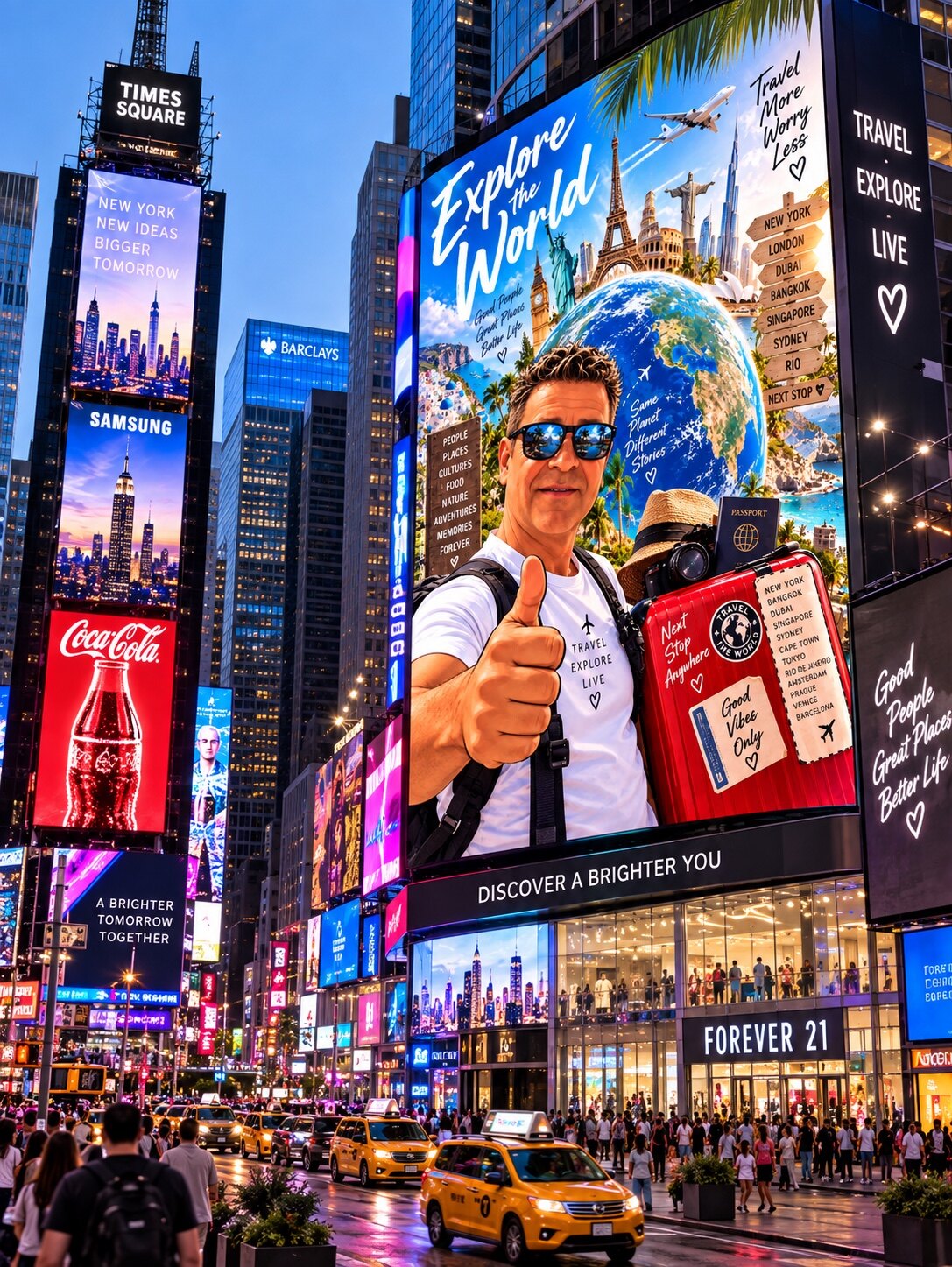 New York Times Square mit großformatigem Explore-the-World-Reisemotiv