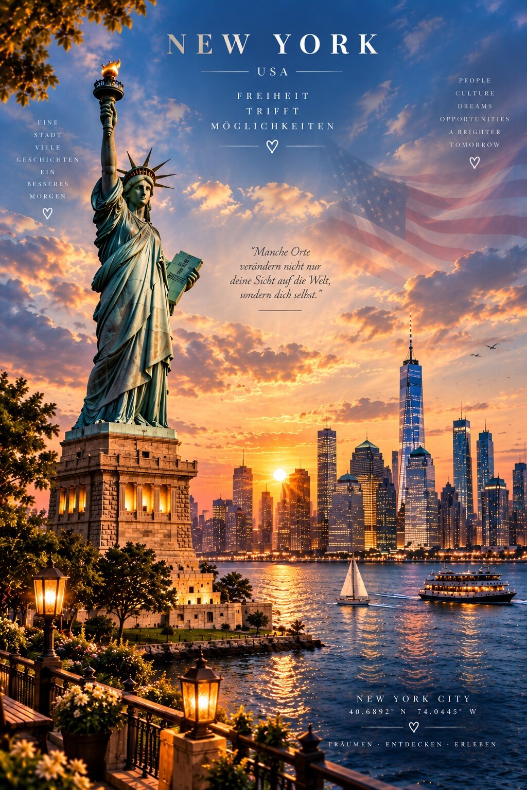 New York mit Freiheitsstatue, Skyline und dezent eingeblendeter USA-Flagge