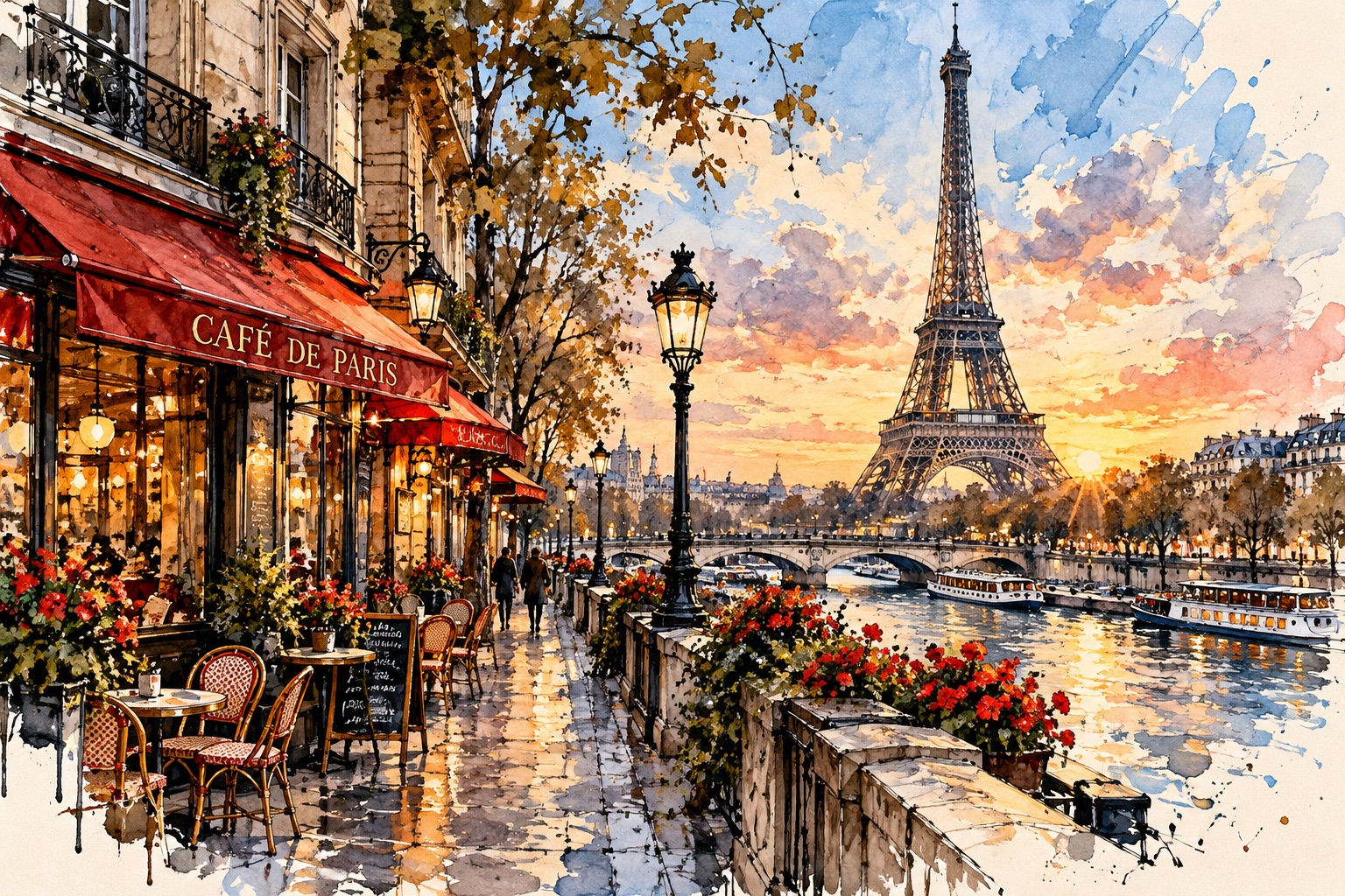 Paris als Aquarell mit Eiffelturm, Seine und Caféterrasse im Sonnenuntergang