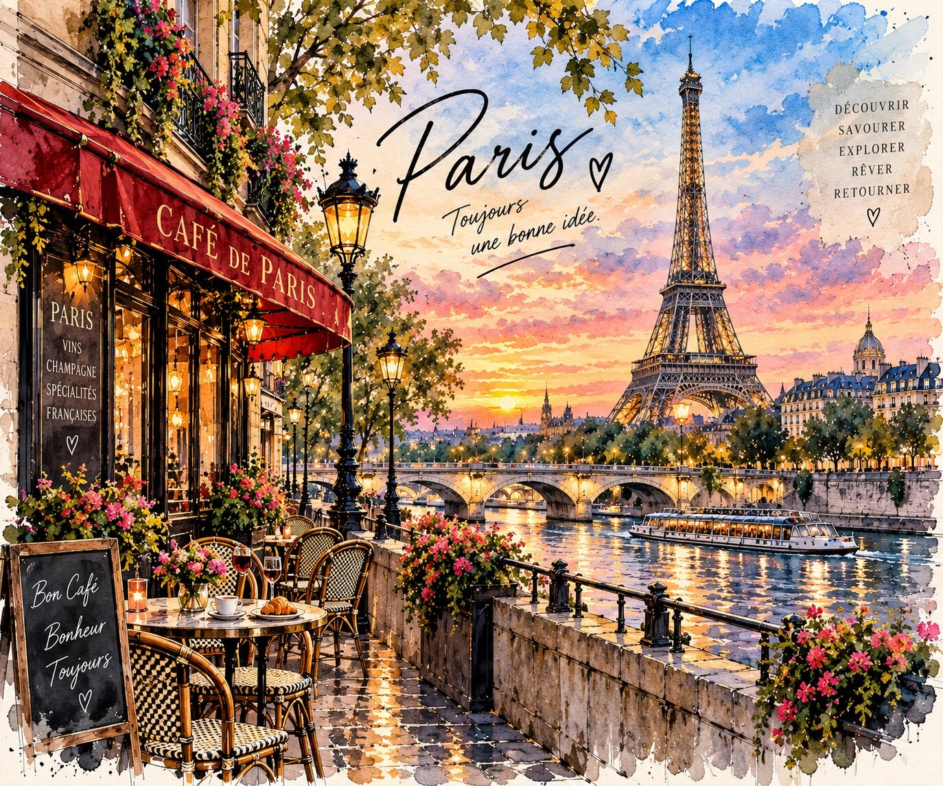 Paris mit Café, Seine und Eiffelturm