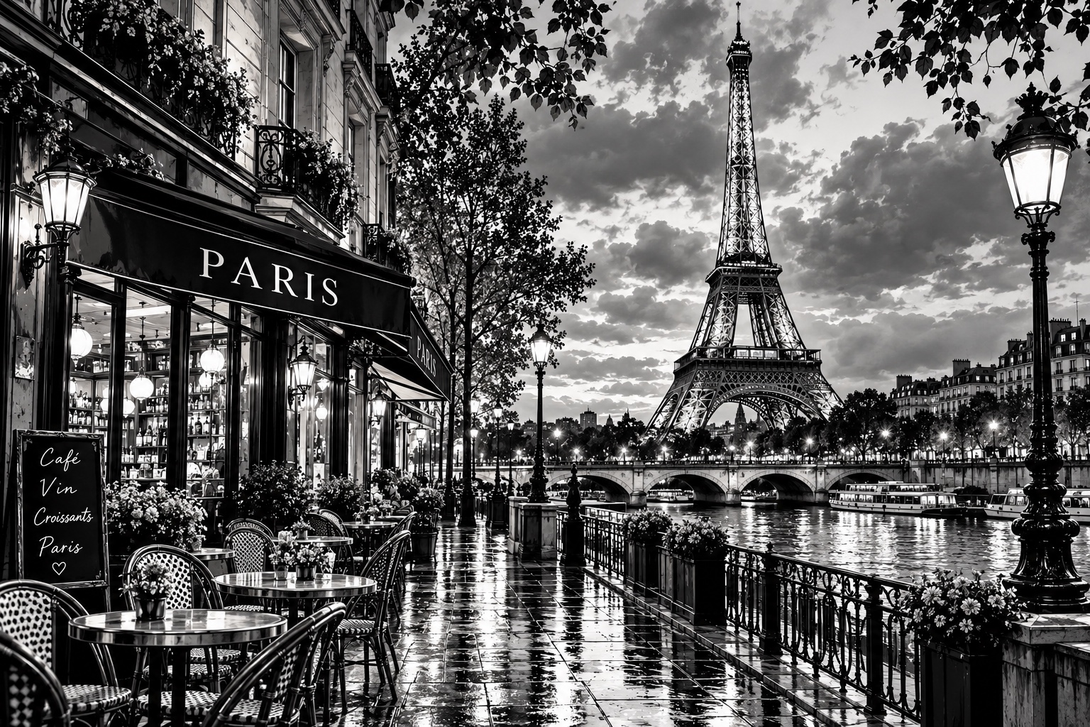 Paris in Schwarz-Weiß mit Eiffelturm, Seine, Caféterrasse und regennasser Promenade