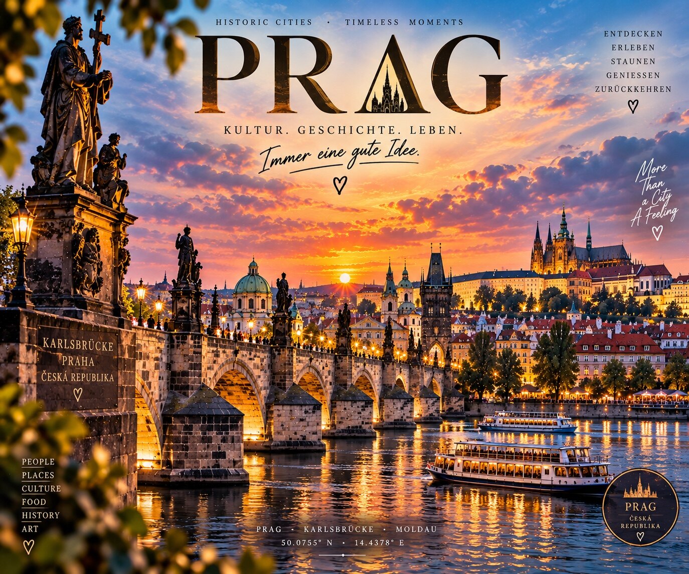 Prag Panorama mit Karlsbrücke, Prager Burg und Moldau im Abendlicht