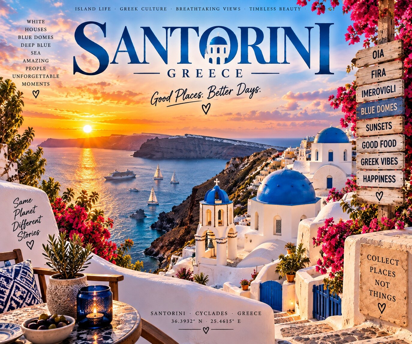 Santorini mit weißen Häusern, blauen Kuppeln und Ägäis im Sonnenuntergang
