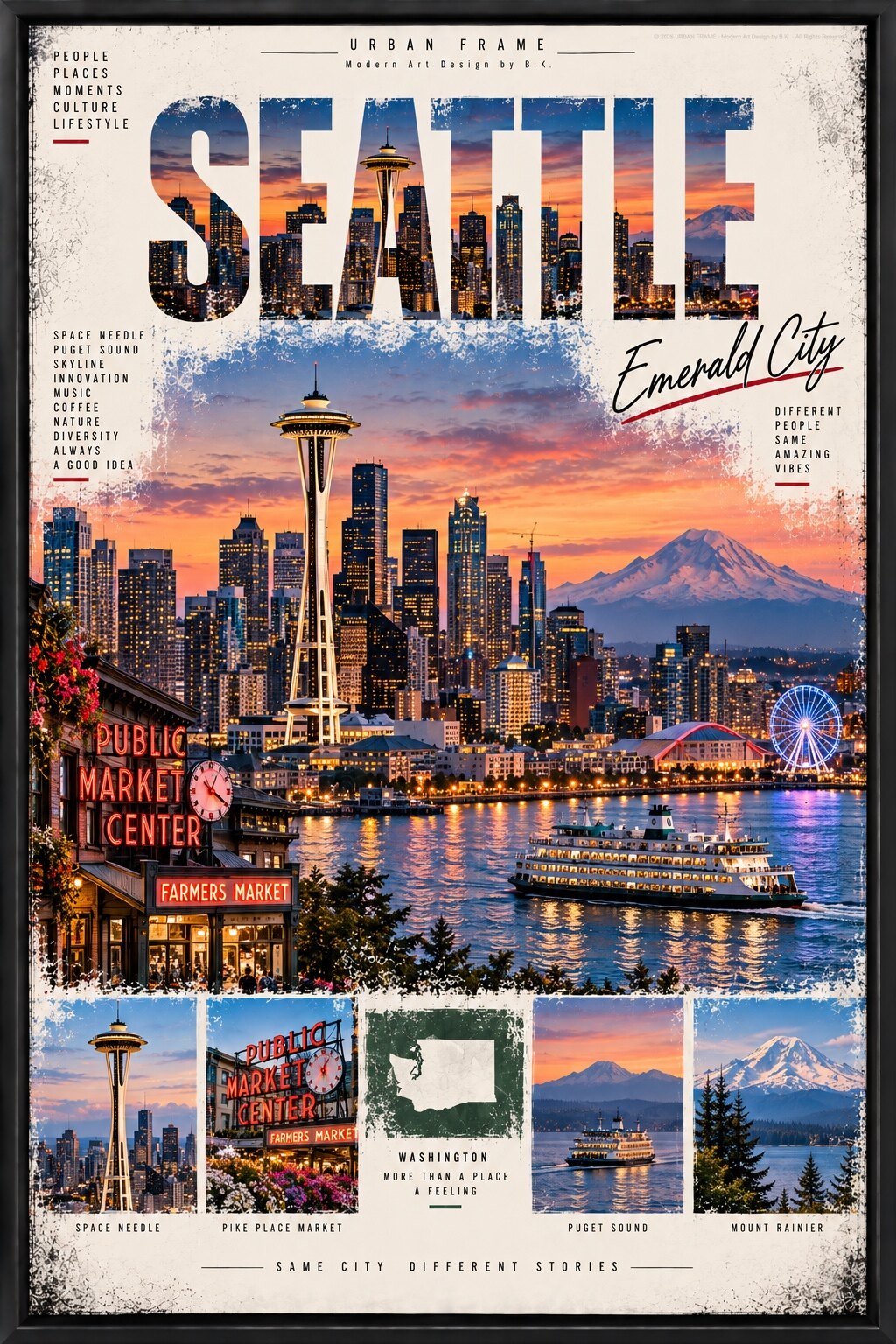Seattle Emerald City Urban Frame Collage mit Space Needle, Skyline, Pike Place Market, Puget Sound und Mount Rainier