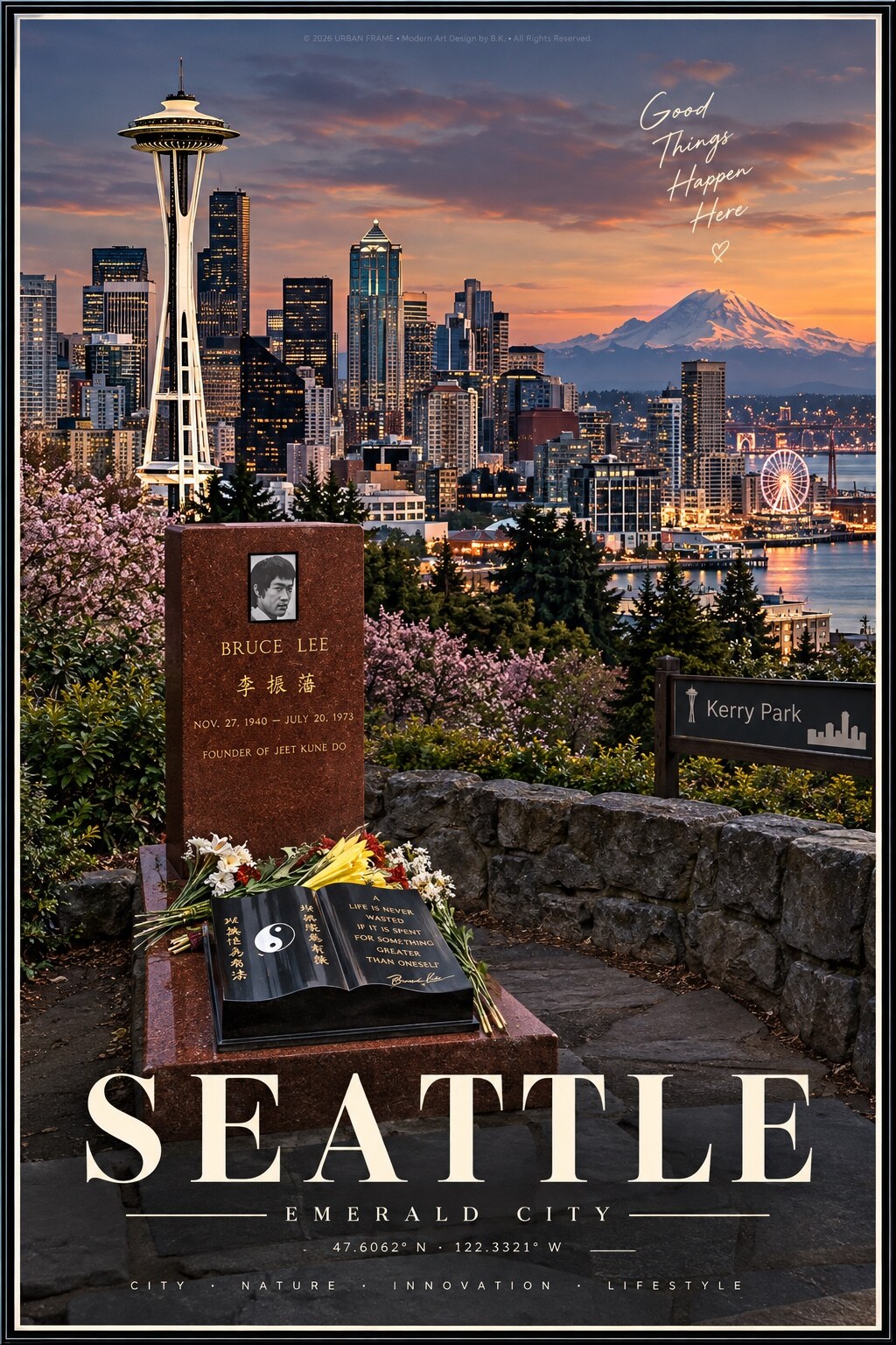 Seattle Emerald City Urban Frame Poster mit Space Needle, Skyline, Mount Rainier, Kerry Park und Bruce Lee Gedenkstätte