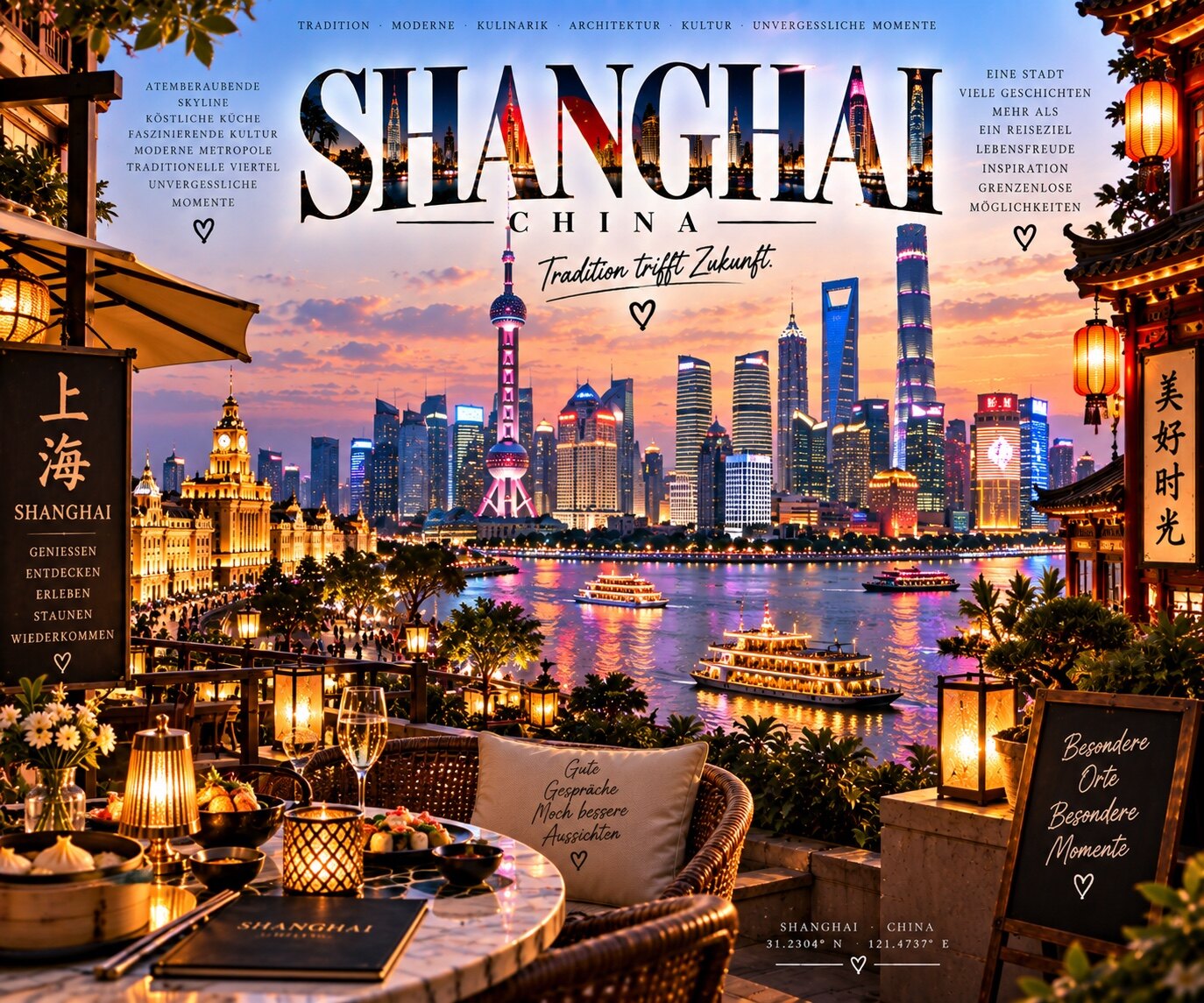 Shanghai mit Skyline, Huangpu-Fluss, Laternen und Terrasse im Abendlicht