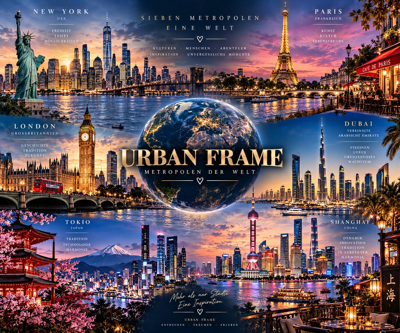 Urban Frame Collage mit New York, Paris, London, Dubai, Tokio und Shanghai