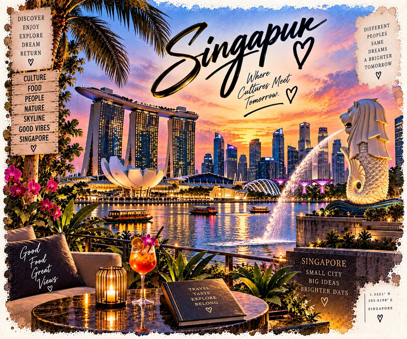 Singapur Aquarell mit Marina Bay Sands, Merlion, Skyline und Hafen