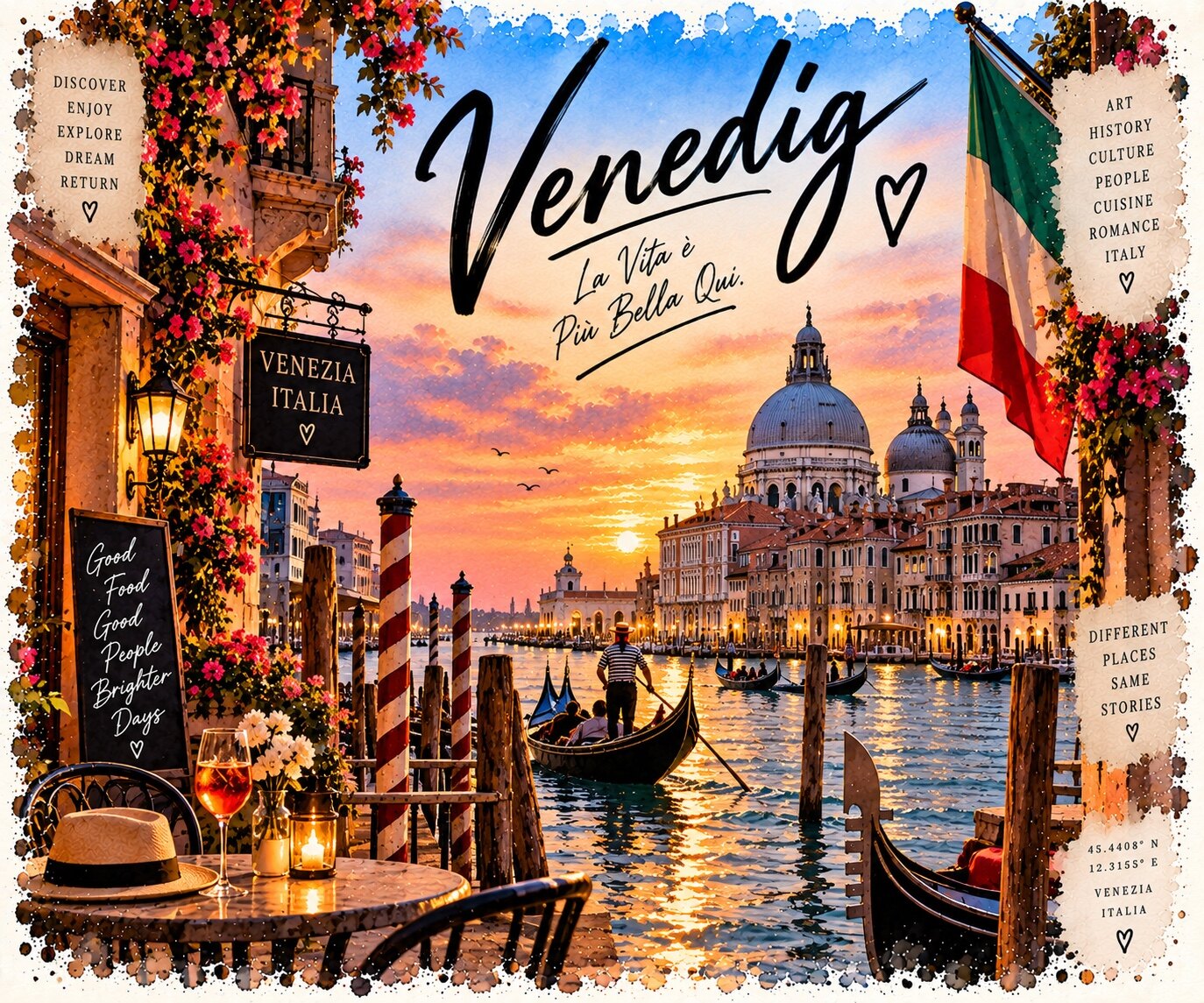 Venedig Aquarell mit Gondeln, Canal Grande, italienischer Flagge und Café