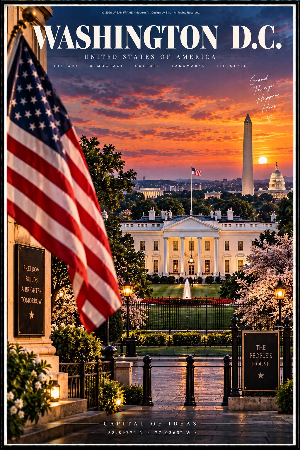 Washington D.C. Urban Frame Poster mit Weißem Haus, Washington Monument, Kapitol, USA Flagge und Kirschblüten