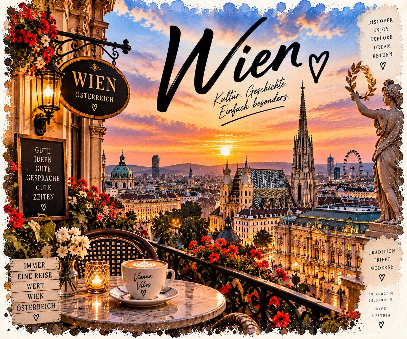 Wien Aquarell mit Stephansdom, Innenstadt und Caféterrasse